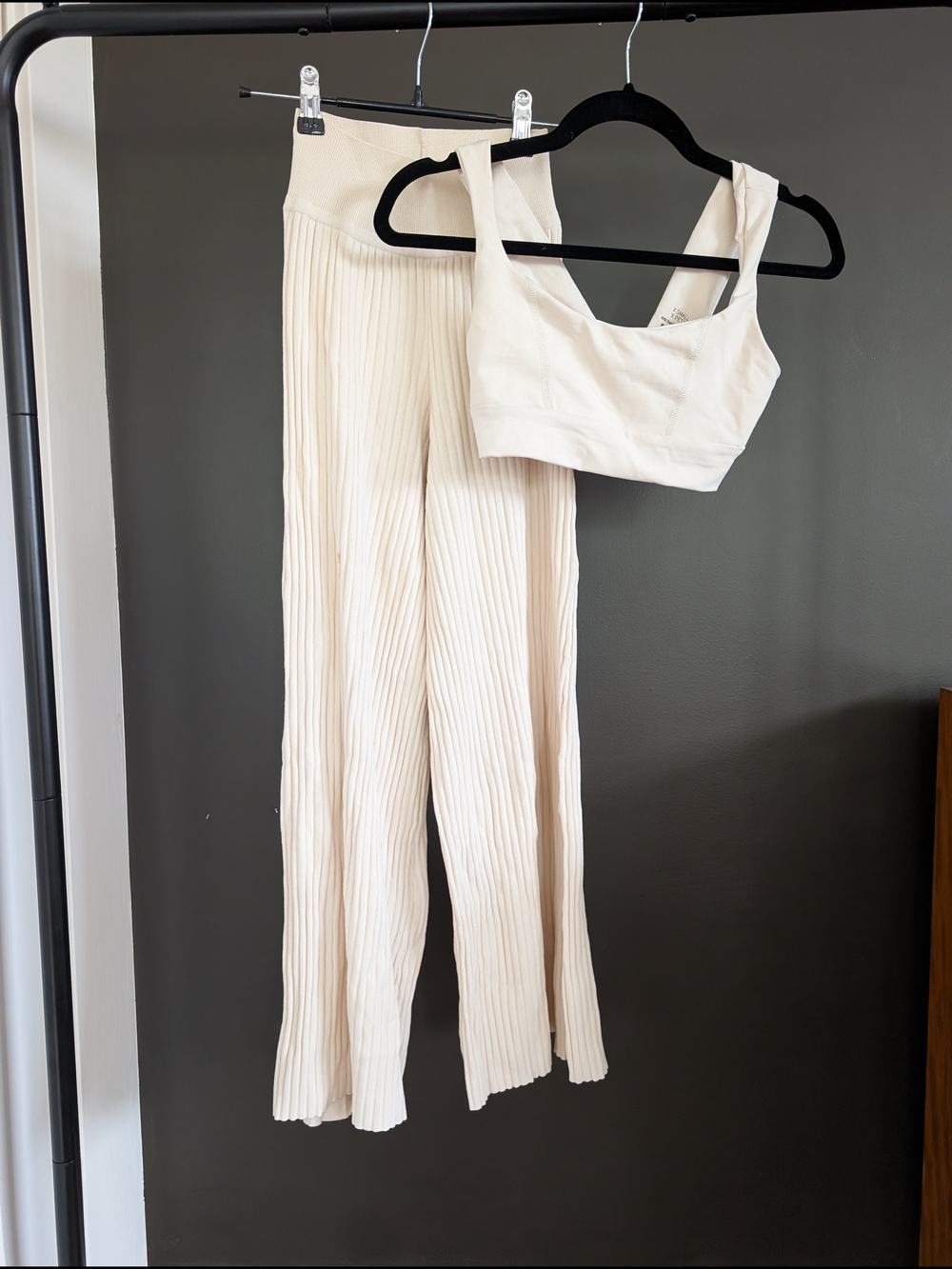 Live The Process Cream Ribbed Wide-Leg Pants with Matching Crop Top